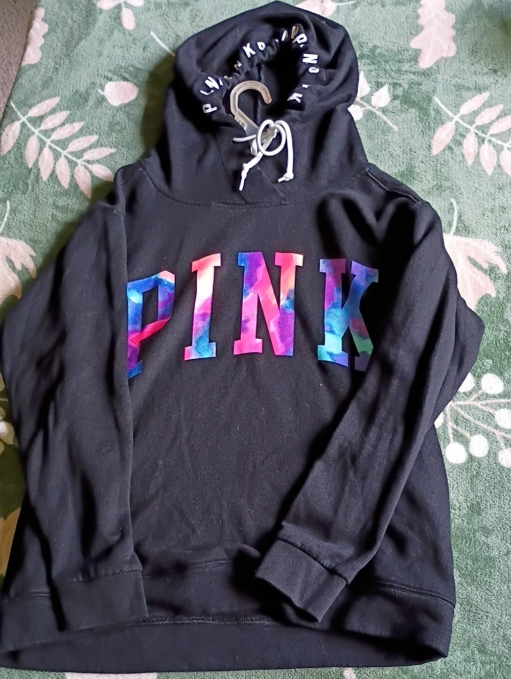 PINK Victoria's Secret Black Hoodie with Multicolor Logo